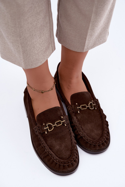 suède mocassins met ruffles en decoratie Vinceza 31718 in chocoladekleur