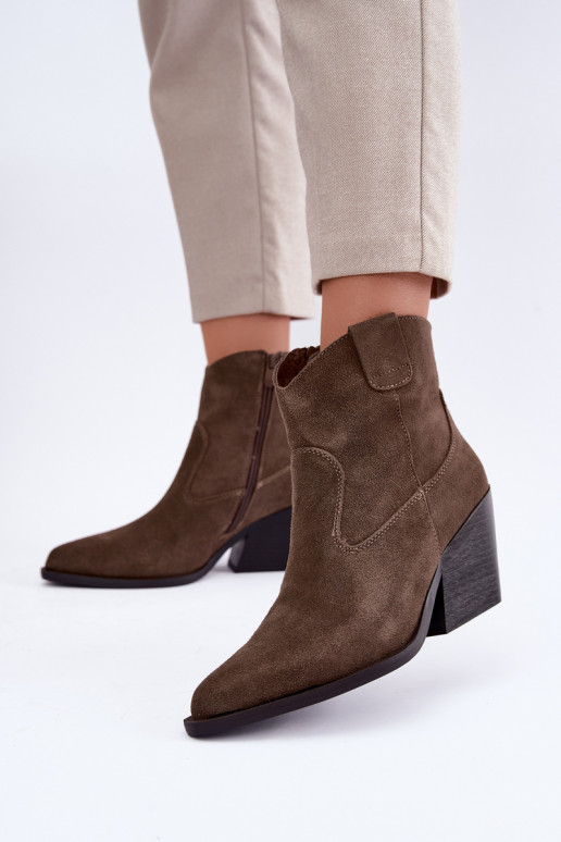 Khaki suède cowboy-stijl enkellaarsjes met hakken Tirabelle