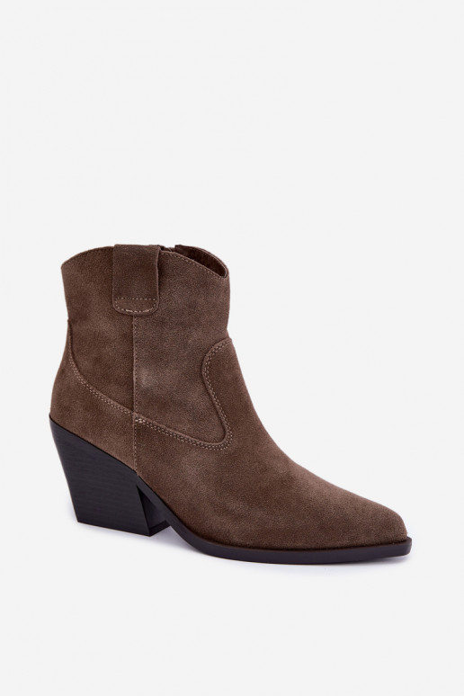 Khaki suède cowboy-stijl enkellaarsjes met hakken Tirabelle