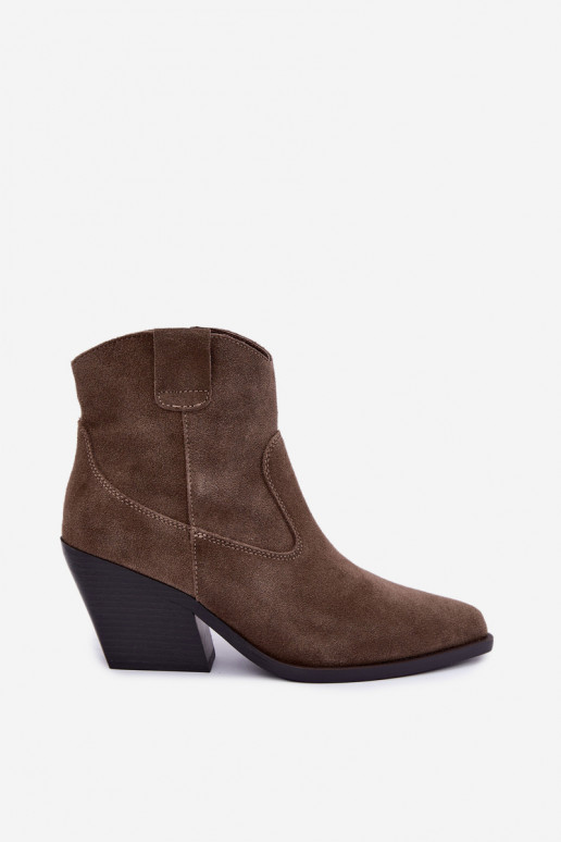 Khaki suède cowboy-stijl enkellaarsjes met hakken Tirabelle