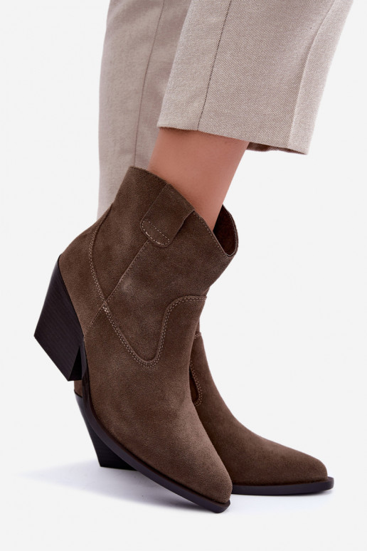 Khaki suède cowboy-stijl enkellaarsjes met hakken Tirabelle