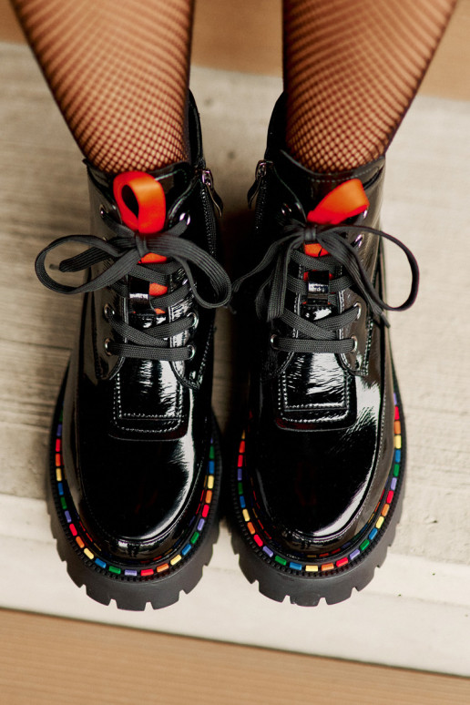 Leren werkankle boots met lak effect zwart Anafra