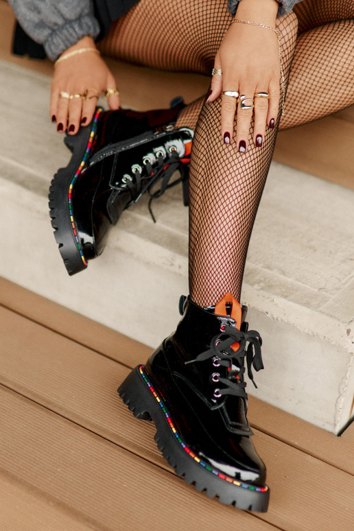 Leren werkankle boots met lak effect zwart Anafra