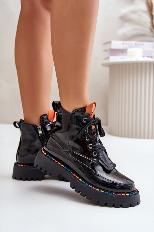 Leren werkankle boots met lak effect zwart Anafra