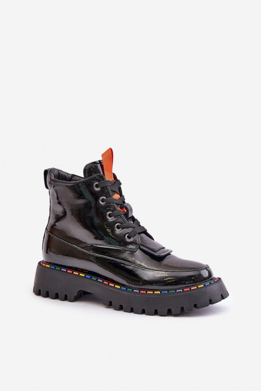 Leren werkankle boots met lak effect zwart Anafra