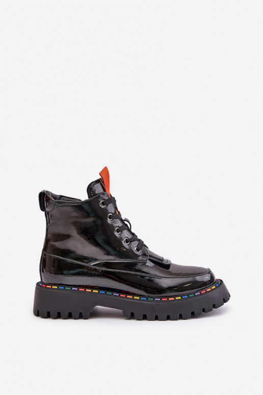 Leren werkankle boots met lak effect zwart Anafra