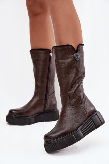 Leren dameslange laarzen met wol Zazoo 70121 chocolade
