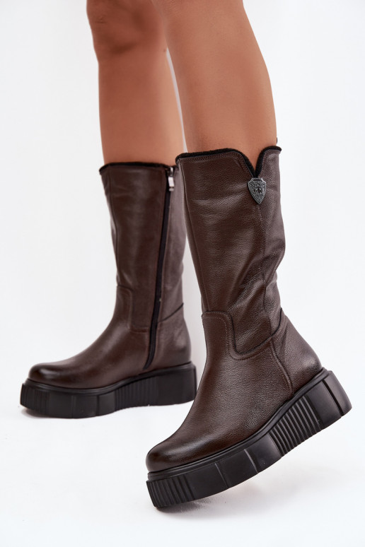 Leren dameslange laarzen met wol Zazoo 70121 chocolade