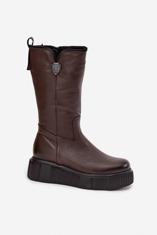 Leren dameslange laarzen met wol Zazoo 70121 chocolade