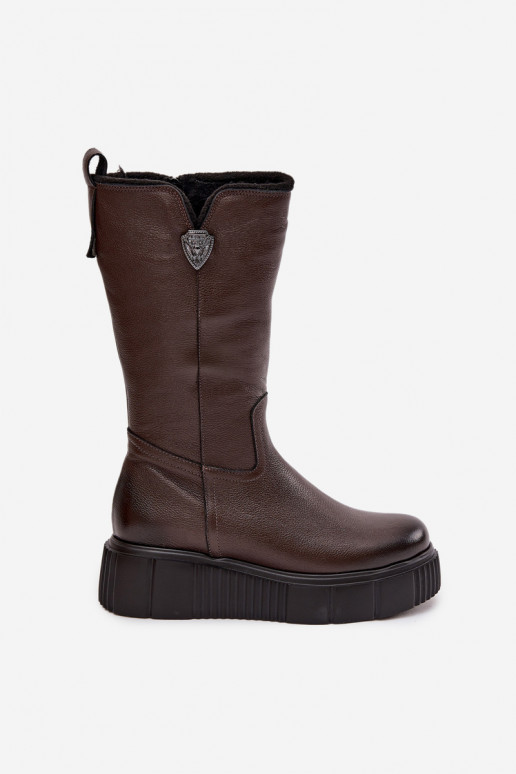 Leren dameslange laarzen met wol Zazoo 70121 chocolade