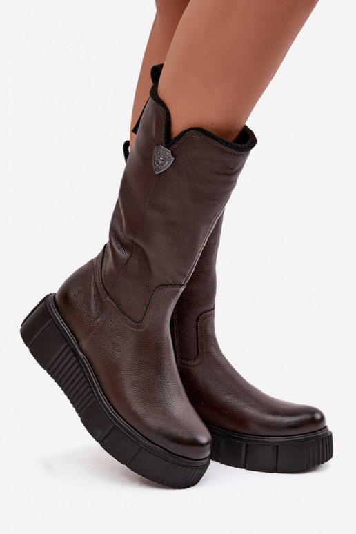 Leren dameslange laarzen met wol Zazoo 70121 chocolade