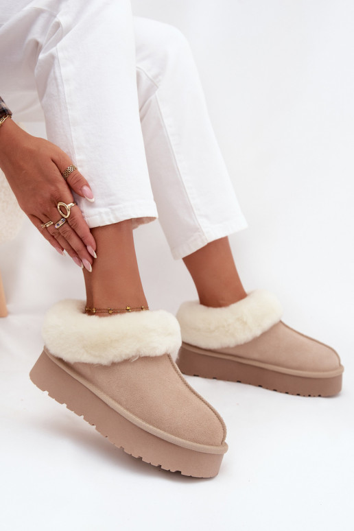 Zandkleurige dames sneeuwlaarzen van faux suede met bont Mivelle