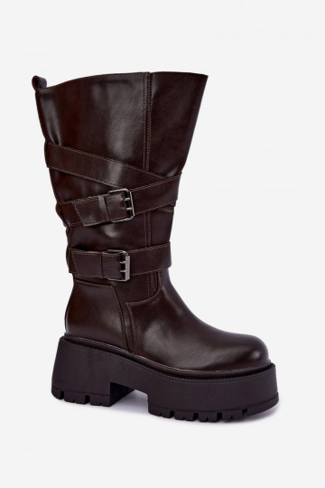 Hoge laarzen met platform en riempjes in chocolade Delsenne
