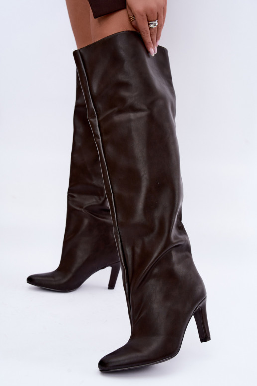 Instap dames hoge laarzen met spitse hakken boven de knie in chocolade Emorine