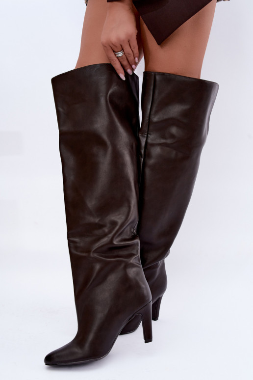 Instap dames hoge laarzen met spitse hakken boven de knie in chocolade Emorine