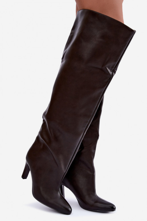 Instap dames hoge laarzen met spitse hakken boven de knie in chocolade Emorine