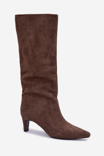 Chaki enkellaarsjes van faux suede met hakken Pamelisse