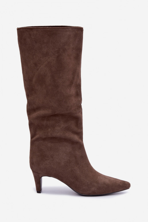 Chaki enkellaarsjes van faux suede met hakken Pamelisse