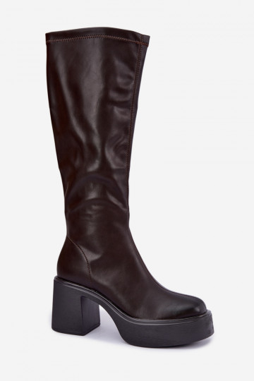 Dames kniehoge laarzen met platform en hakken van faux leather in chocolade kleur Nesalie