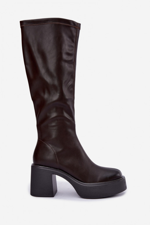 Dames kniehoge laarzen met platform en hakken van faux leather in chocolade kleur Nesalie