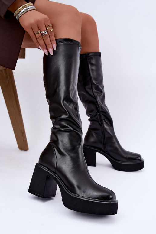 Dames kniehoge laarzen met platform en hakken van zwart faux leather Nesalie