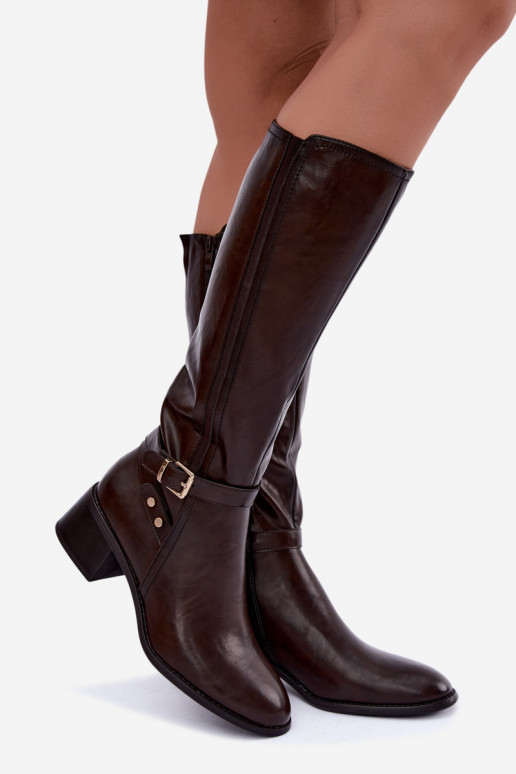 Dames kniehoge laarzen met gespen in chocolade kleur Sergio Leone KZ-07