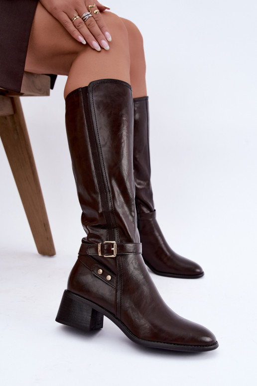 Dames kniehoge laarzen met gespen in chocolade kleur Sergio Leone KZ-07
