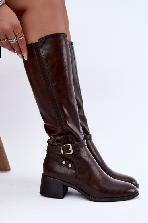 Dames kniehoge laarzen met gespen in chocolade kleur Sergio Leone KZ-07