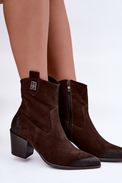 Dames geïsoleerde cowboy-stijl enkellaarsjes met hakken van natuurlijk suede Zazoo 60603