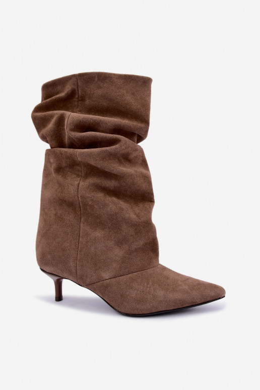 instapankleboots met hakken van faux suede in khaki kleur Cindrelle