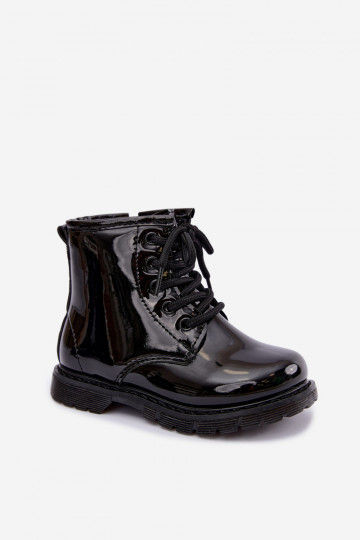 Gevoerde kinder enkellaarsjes met lak effect, faux leather, met ritsen, zwart Omua