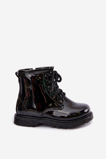 Gevoerde kinder enkellaarsjes met lak effect, faux leather, met ritsen, zwart Omua 2