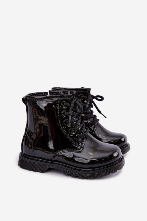 Gevoerde kinder enkellaarsjes met lak effect, faux leather, met ritsen, zwart Omua