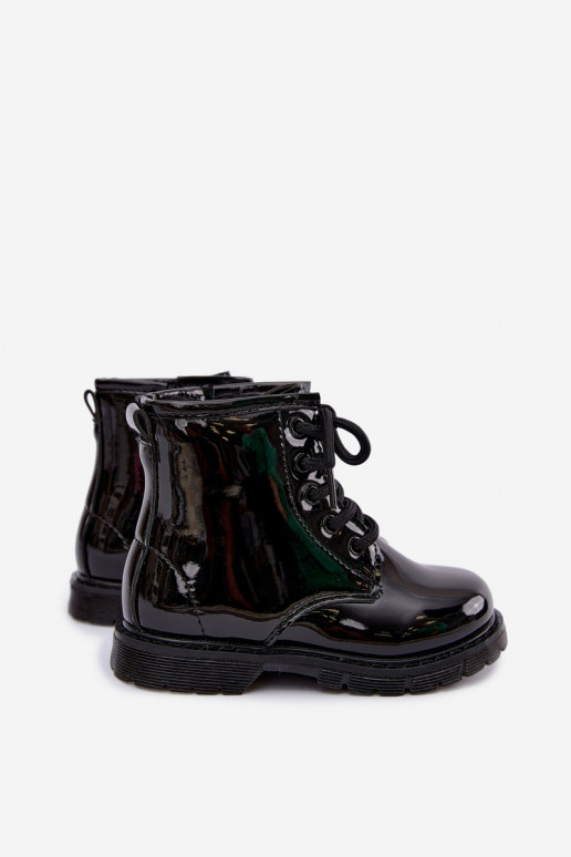 Gevoerde kinder enkellaarsjes met lak effect, faux leather, met ritsen, zwart Omua