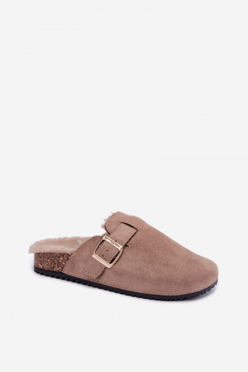 Slippers Klompen Mule Dames opInarmen met bont erin met gespen beige Tamera