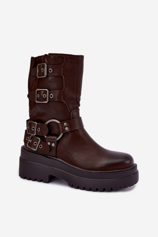 Warme enkellaarsjes met platform en gespen in chocoladekleur Gilmora