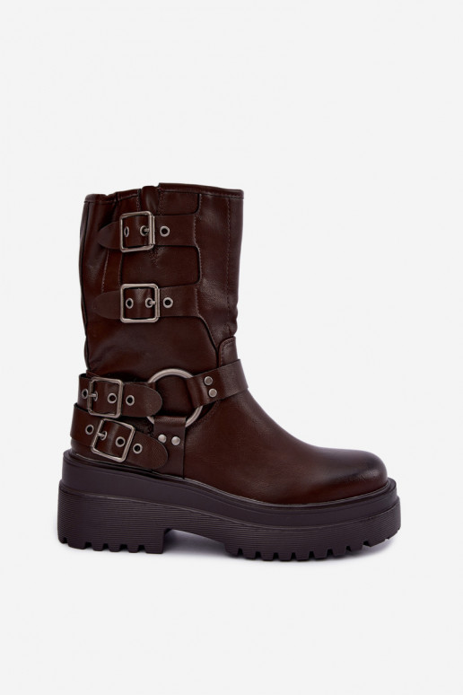 Warme enkellaarsjes met platform en gespen in chocoladekleur Gilmora