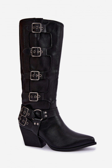 Kniehoge cowboylaarzen met hak en gespen in zwart faux leather Fivelle