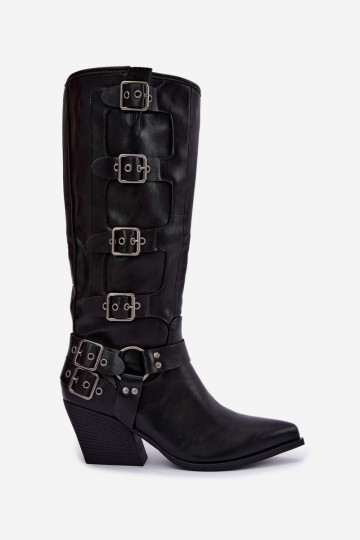Kniehoge cowboylaarzen met hak en gespen in zwart faux leather Fivelle 2