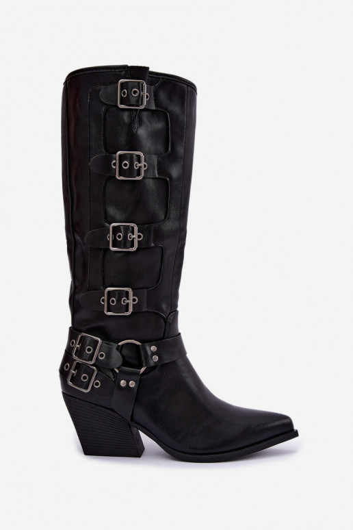 Kniehoge cowboylaarzen met hak en gespen in zwart faux leather Fivelle