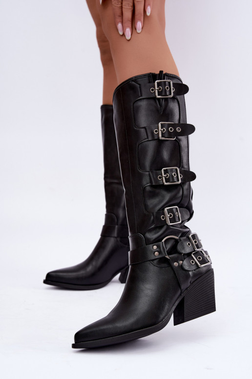 Kniehoge cowboylaarzen met hak en gespen in zwart faux leather Fivelle