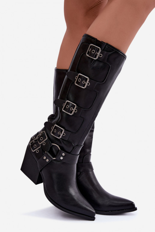 Kniehoge cowboylaarzen met hak en gespen in zwart faux leather Fivelle