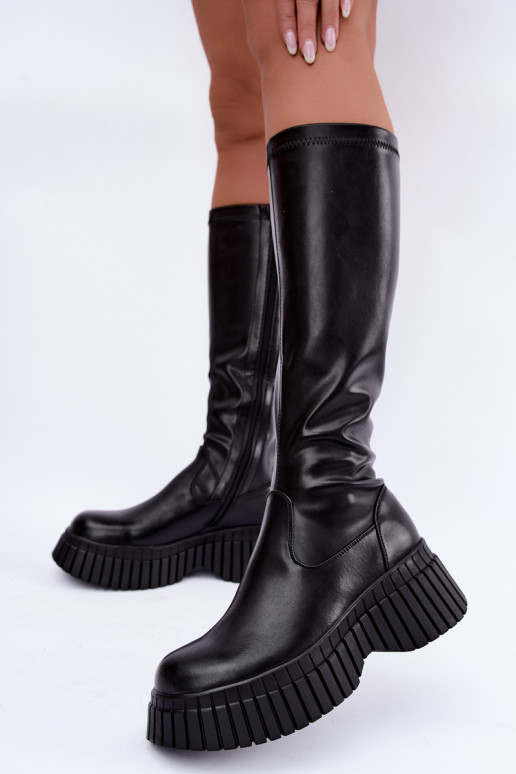 Zwarte knieboots met platform Haldora