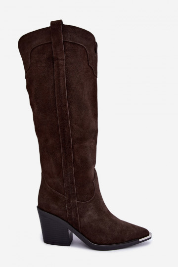 Warme lange cowboy-stijl laarzen met hakken in faux suede bruin
