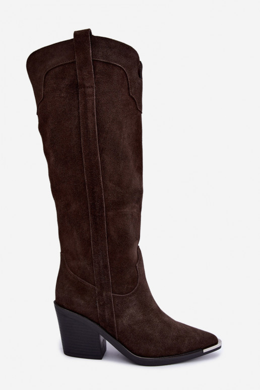 Warme lange cowboy-stijl laarzen met hakken in faux suede bruin