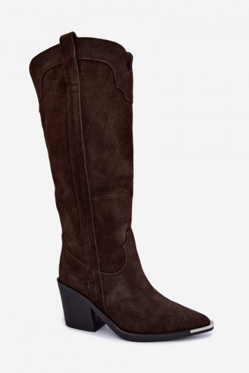 Warme lange cowboy-stijl laarzen met hakken in faux suede bruin 2