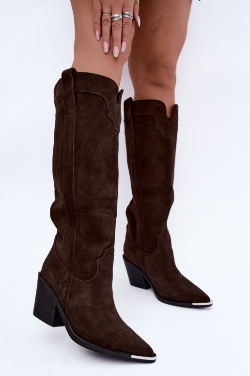 Warme lange cowboy-stijl laarzen met hakken in faux suede bruin
