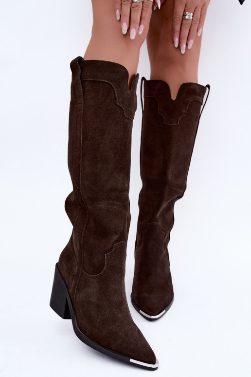 Warme lange cowboy-stijl laarzen met hakken in faux suede bruin
