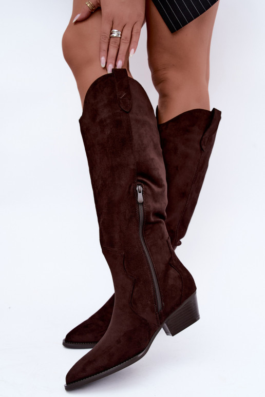 Warme lange cowboy-stijl laarzen met hakken in bruin Renissa