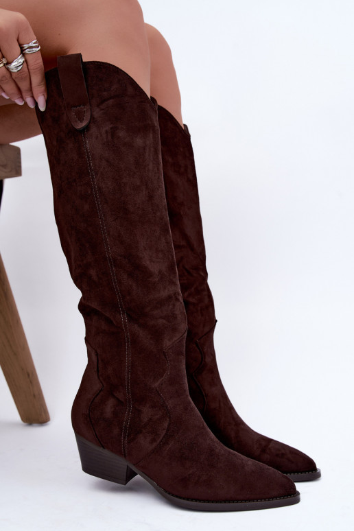 Warme lange cowboy-stijl laarzen met hakken in bruin Renissa